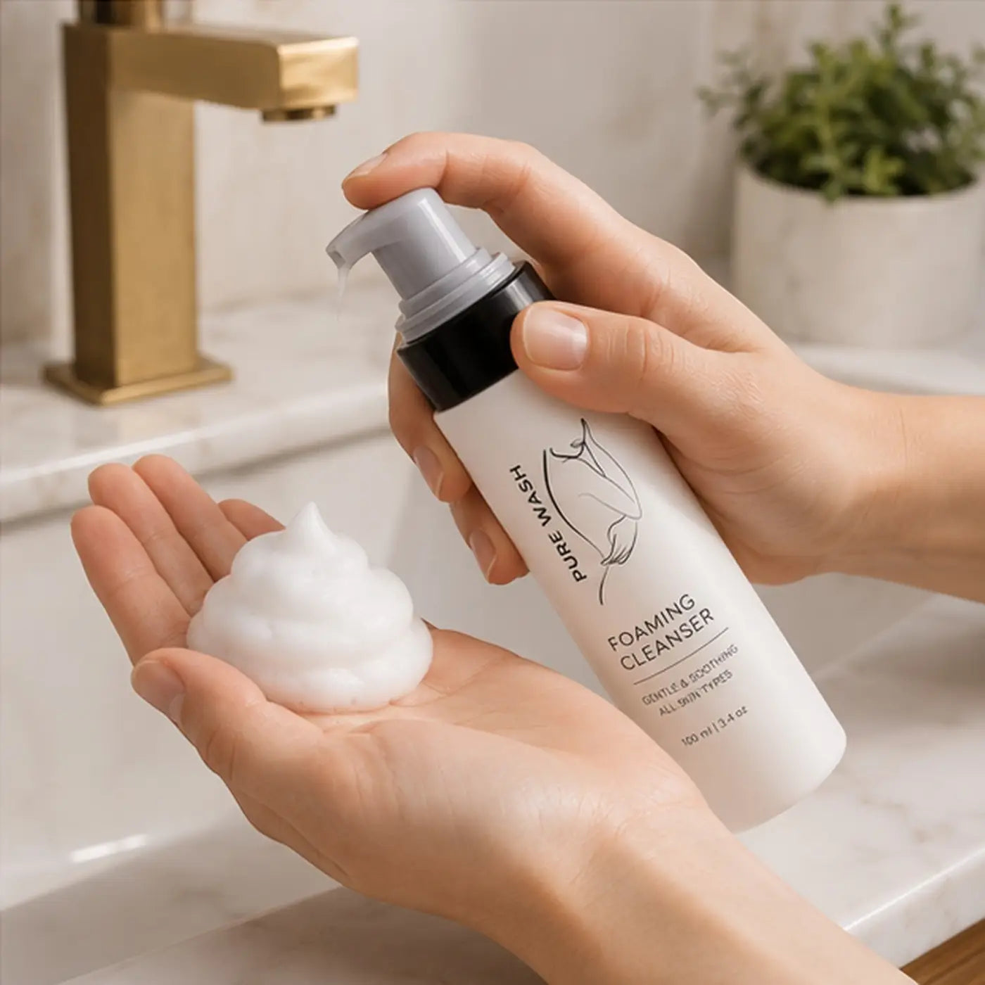 White cylindrical bottle of foaming hand soap with black pump and minimalist label for gentle hand cleansing