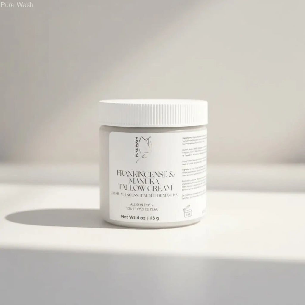 White cylindrical jar of pure wash frankincense and manuka tallow cream with ribbed lid supports skin barrier and contains shea butter