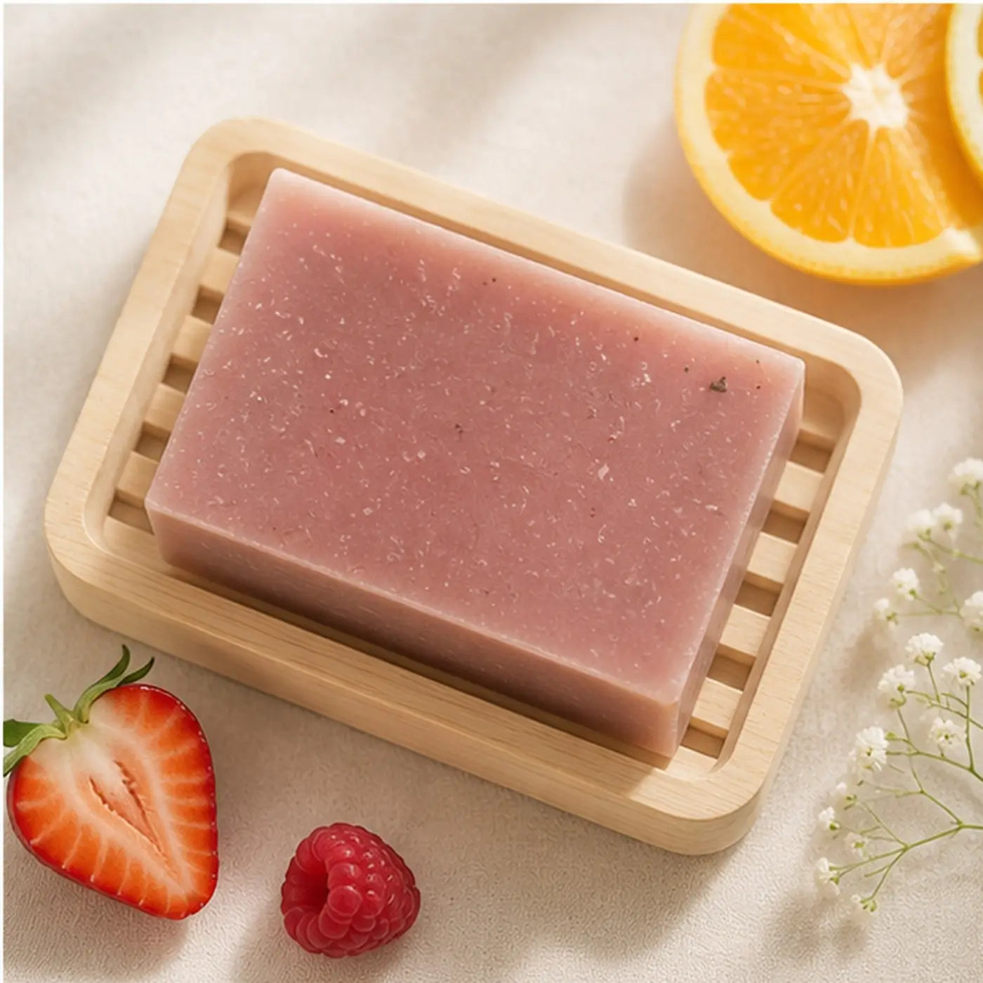 A rectangular pink fruity floral fiesta soap bar with speckled texture resting in a light wood soap dish for handmade shower routine
