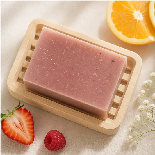 A rectangular pink fruity floral fiesta soap bar with speckled texture resting in a light wood soap dish for handmade shower routine