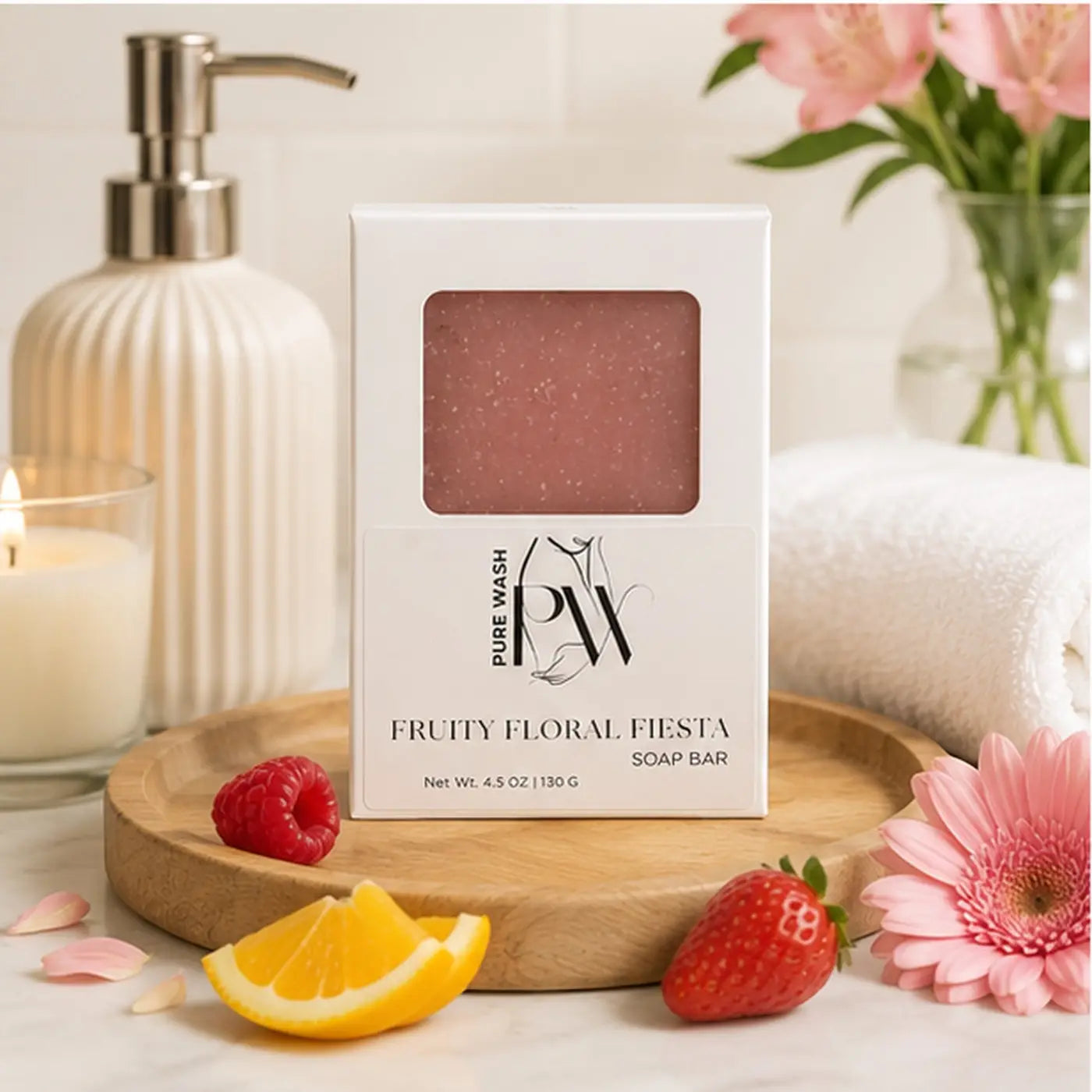 A rectangular white box containing a pink speckled fruity floral fiesta soap bar by pure wash for handmade shower routine