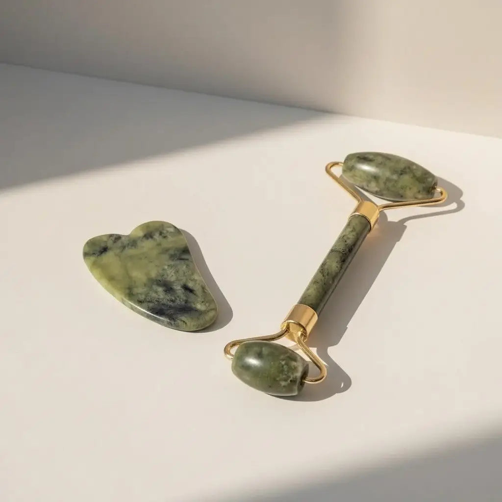 Green jade facial roller with gold-toned accents and matching heart-shaped scraper in jade facial kit for sea buckthorn facial use