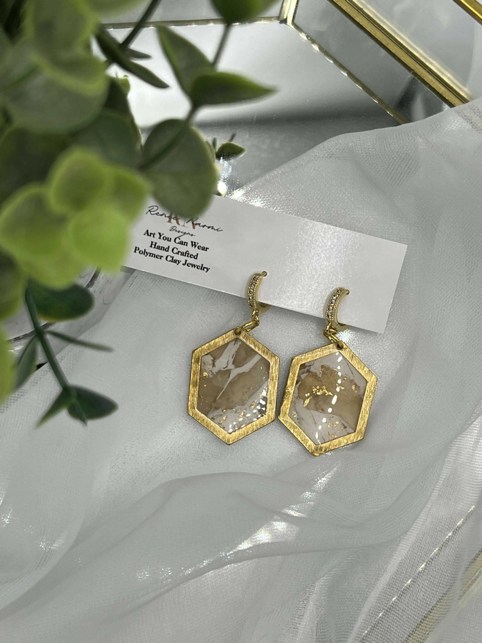 Gold marbled earrings with cubic zirconia detail - Pure Wash