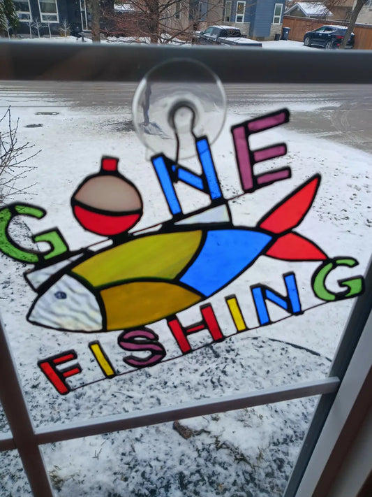 Gone fishing sign window cling with colorful stained glass style fish and buoy handmade soap canada design