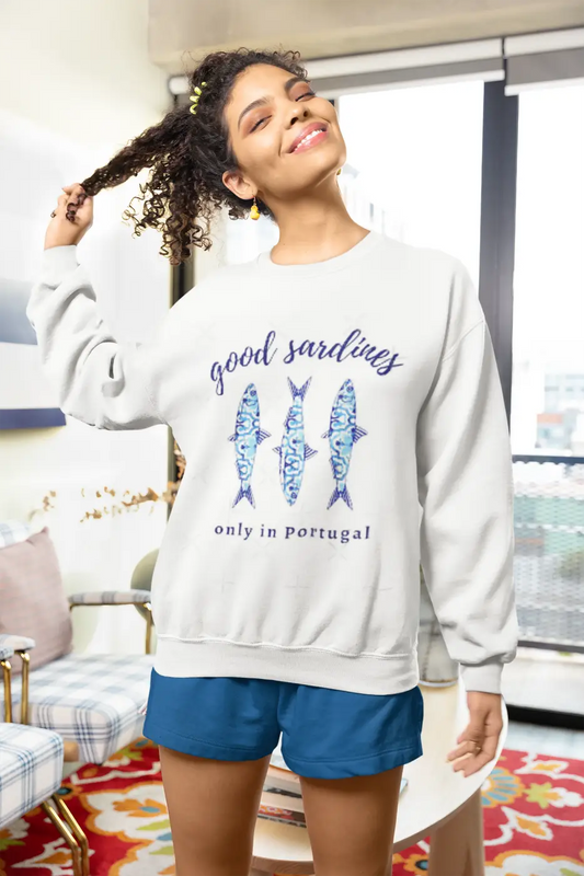 A soft white portugal crew neck sweater with a blue good sardines graphic and text pre order only design