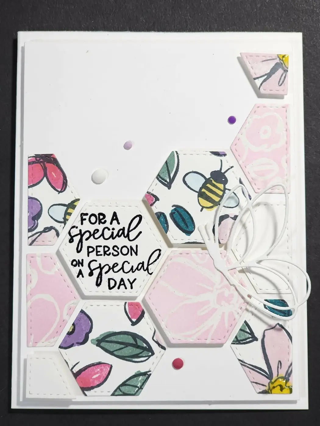 A white hexagonal greeting card with stitched edges featuring floral patterns and a for a special person sentiment, ideal for canadian made skincare gifts