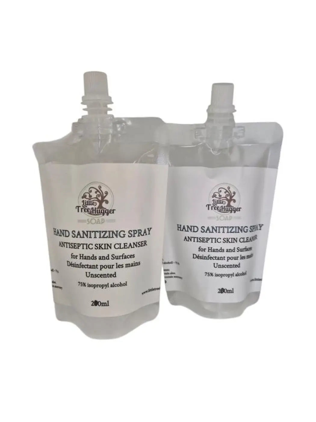 Two clear resealable pouches of pure wash hand sanitizing refill with white text and tree logo for hand sanitizing use
