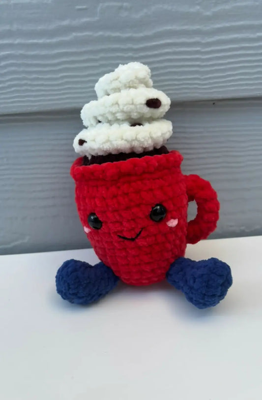 Handmade soap canada shaped like hot cocoa mug with red crochet, blue legs, and white whipped cream topping