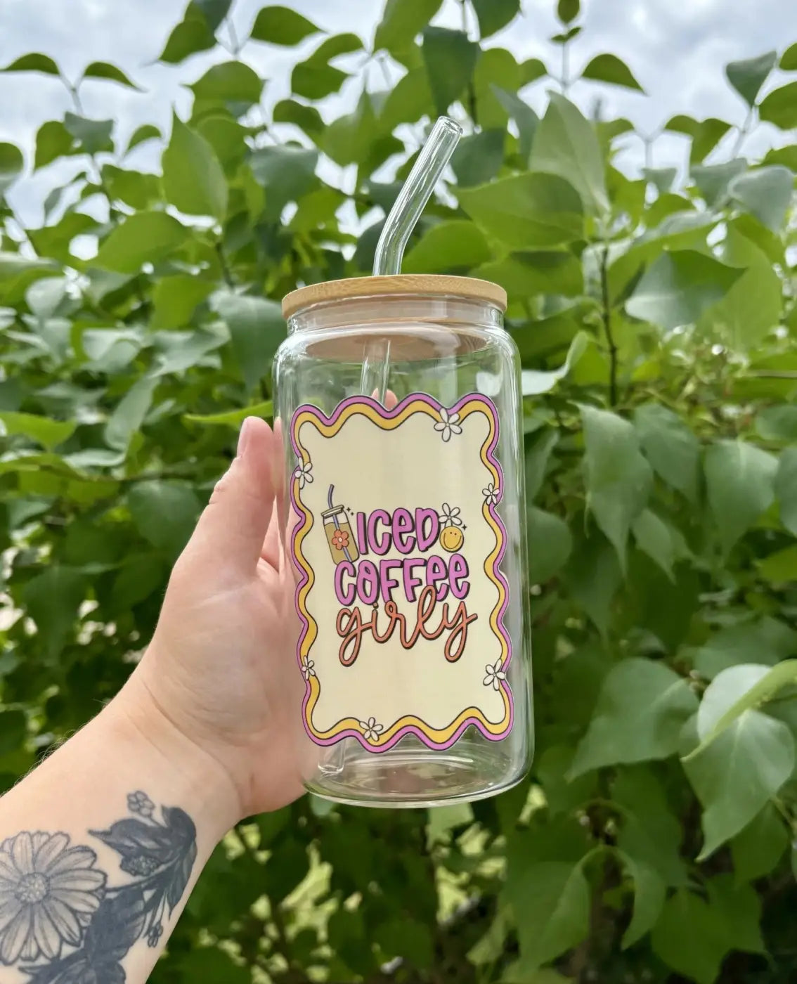 Iced coffee girly glass cup - pure wash default title clear glass tumbler wooden lid winnipeg canada