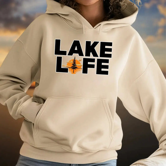 Cream-colored lake life hoodie with bold black print and tree graphic on premium signature sunset pure wash fabric