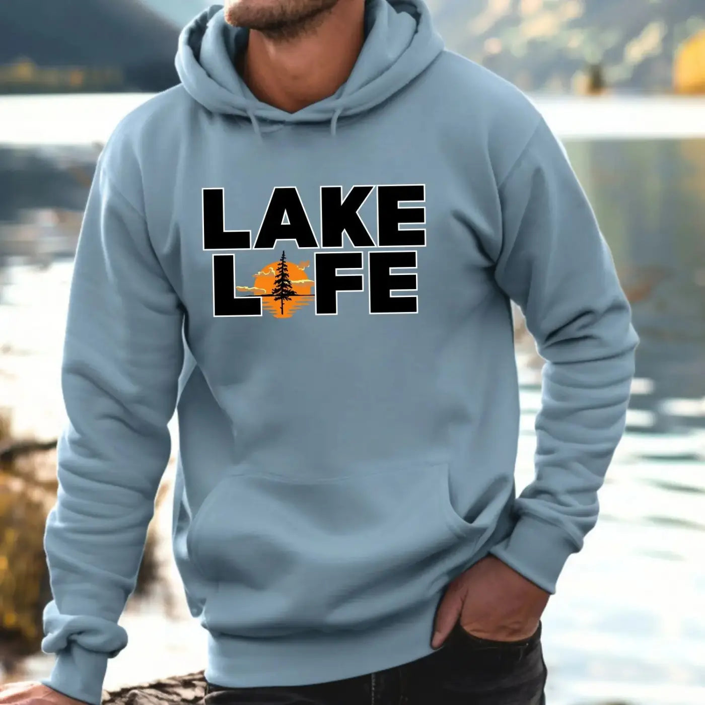 Light blue lake life hoodie with premium signature sunset tree graphic on pure wash fabric by Lake Life Hoodie Co