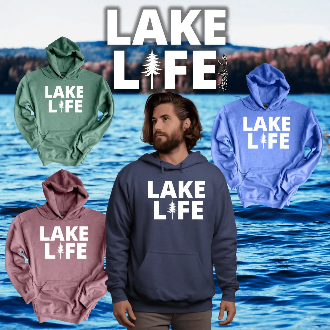 Navy blue lake life hoodie with white tree graphic, front pocket, drawstring hood, premium signature pure wash fabric