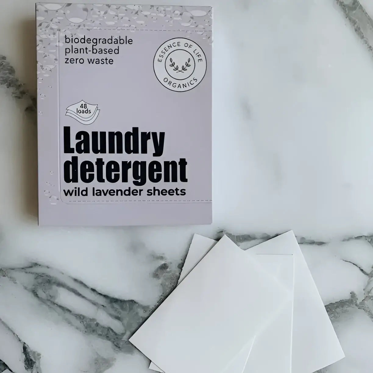 Lavender-scented plant-based laundry detergent sheets in a sleek purple box reflecting canadian made skincare quality