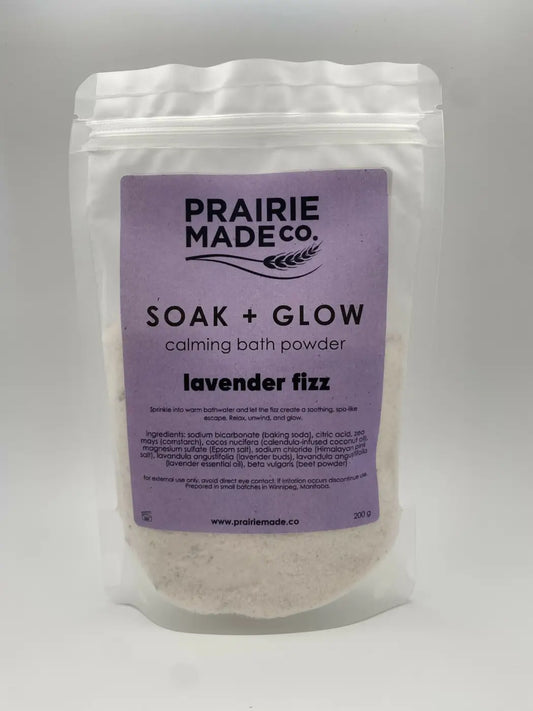Lavender calming bath powder pouch with resealable top by prairie made co featuring lavender fizz sprinkle for glow calming