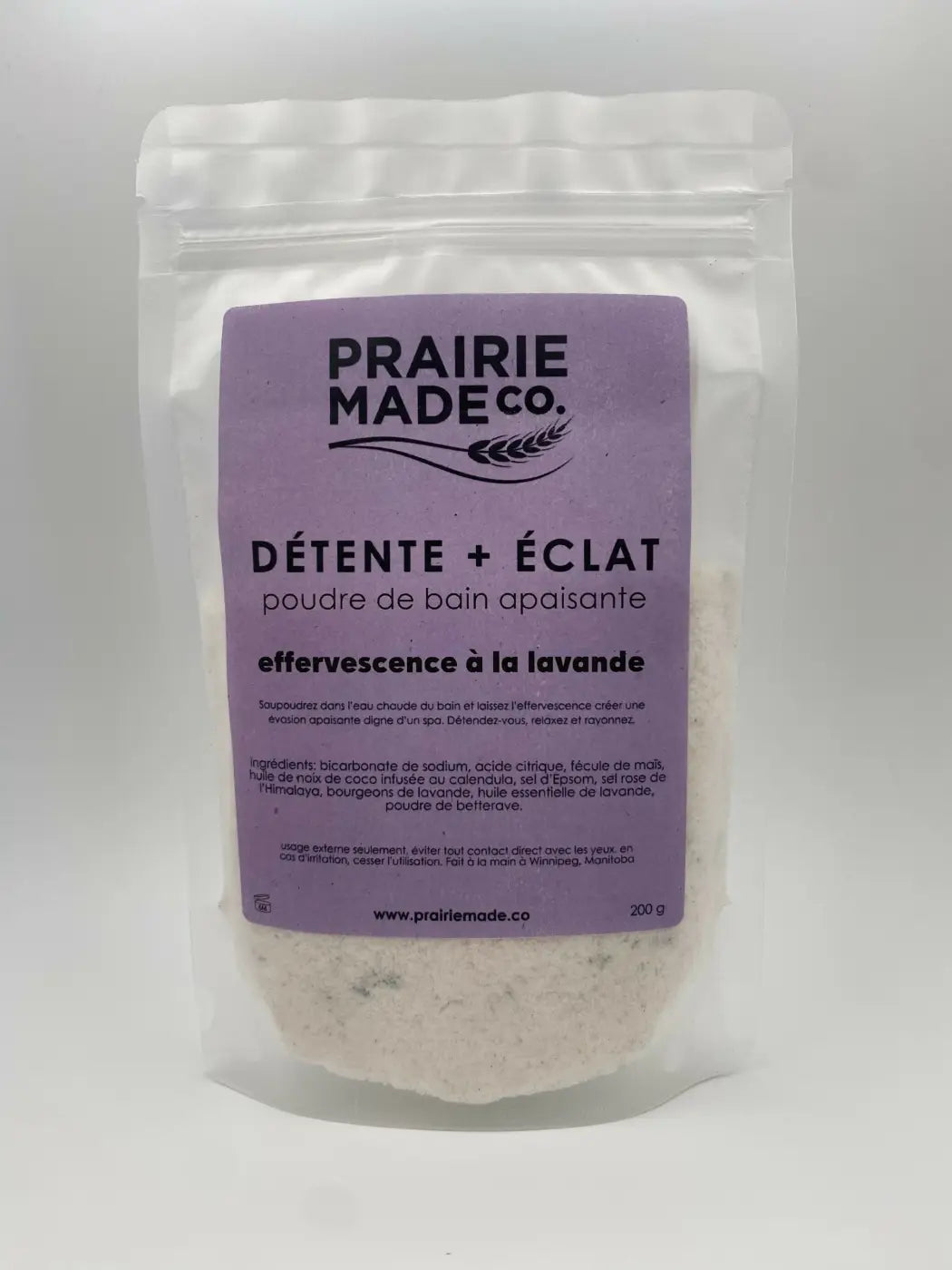 Prairie made co lavender bath fizz calming bath powder in purple packaging for a glow calming relaxing soak