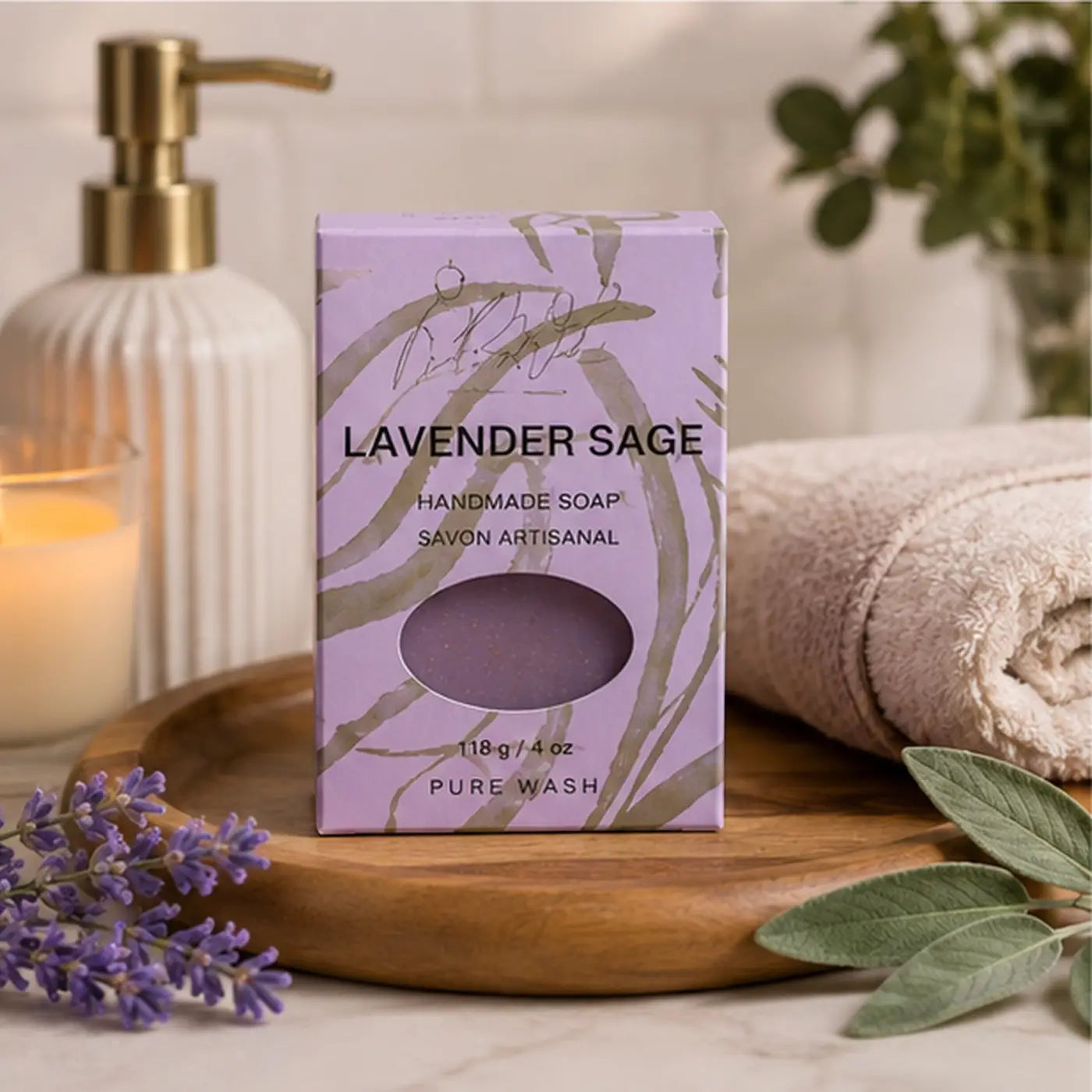 Lavender sage soap bar in a purple box with gold leaf design made with clary sage and palm oil weighing 118g 4 oz