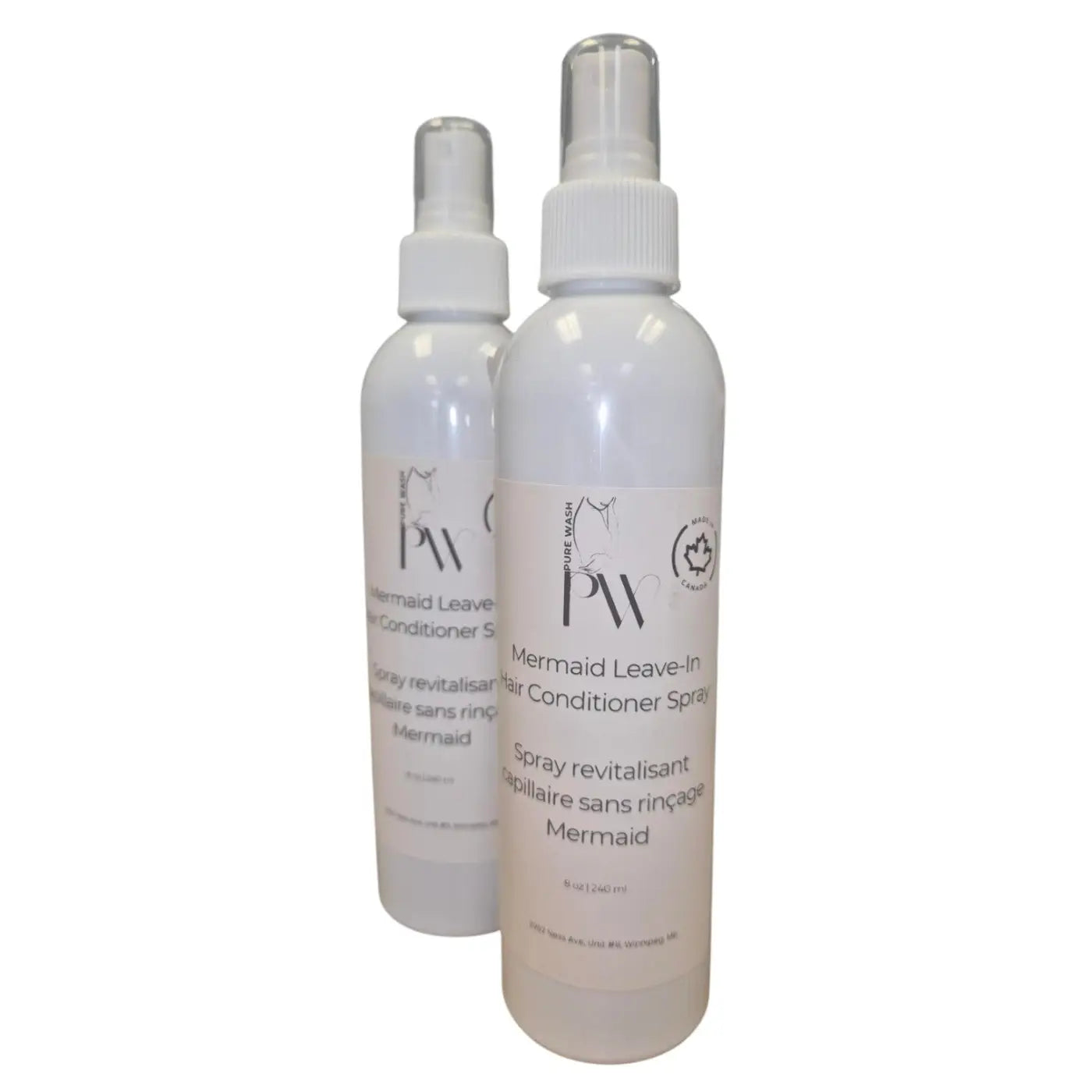 White plastic spray bottle with clear nozzle labeled mermaid leave-in hair conditioner spray for silky strands and detangle leave-in conditioner