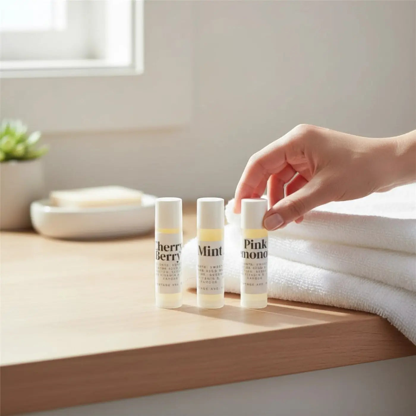 Three minimalist white-topped lip balm tubes with black text labels featuring cherry berry and nourishing lip flavors
