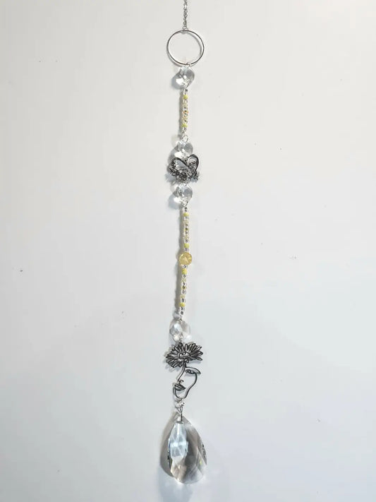 Long 2 delicate silver sun catcher with clear yellow beads butterfly charm and teardrop crystal for suction cup in direct sunlight