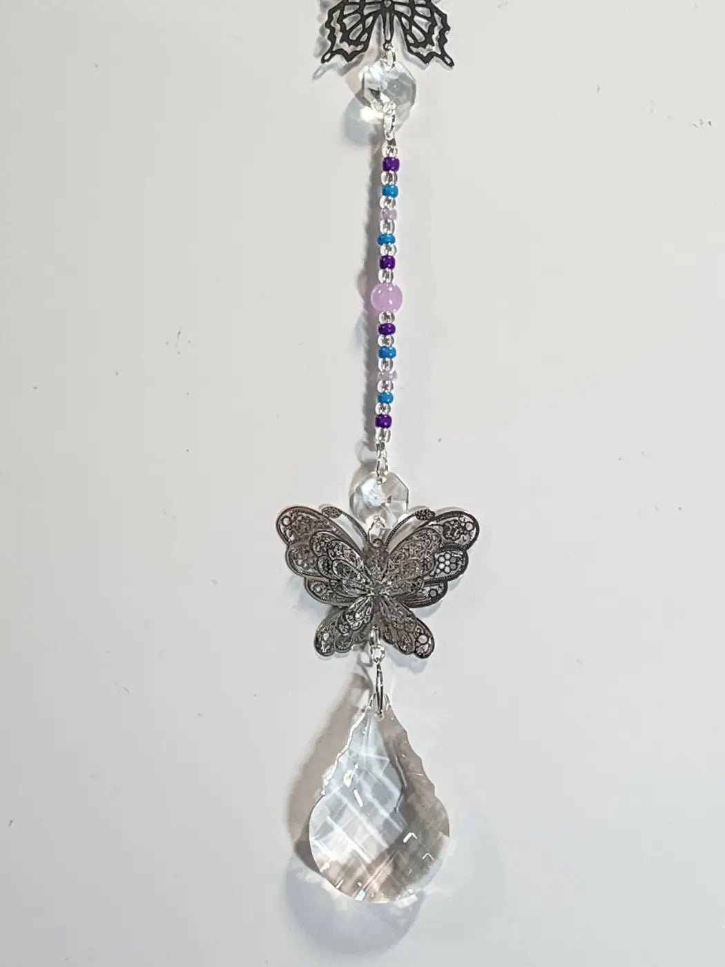 Long 4 delicate silver filigree butterfly suncatcher with colorful beads and crystal teardrop for direct sunlight use with suction cup