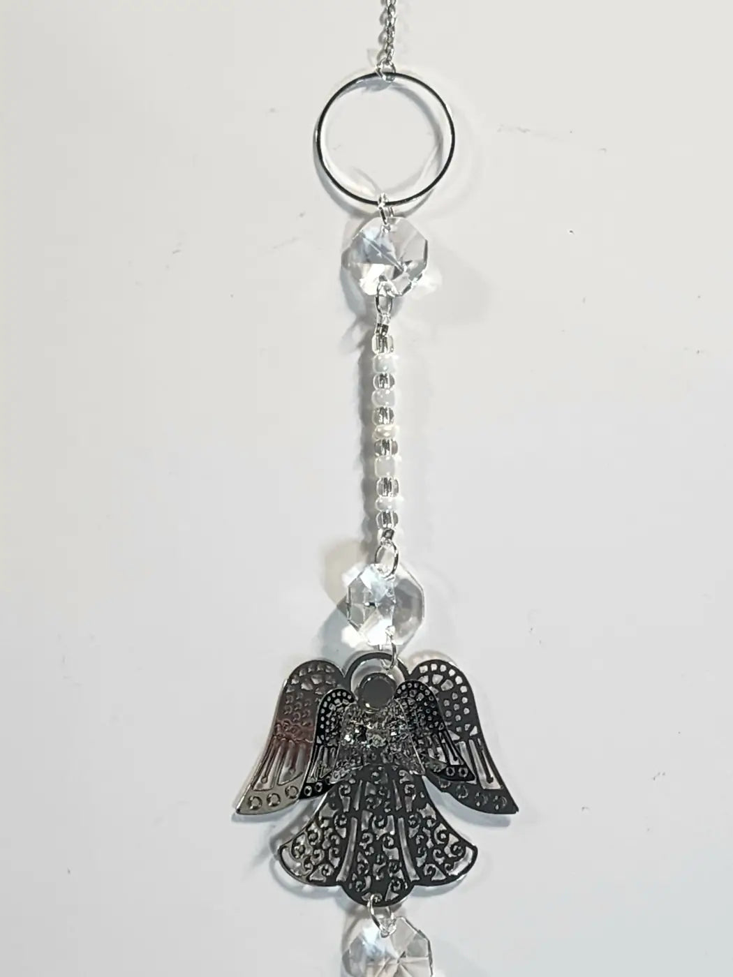 Silver filigree angel suncatcher with clear crystal beads and hanging crystals for direct sunlight use with suction cup