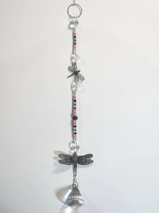 Long 7 dragonfly-themed suncatcher with black metal wings and crystal beads for direct sunlight use with suction cup