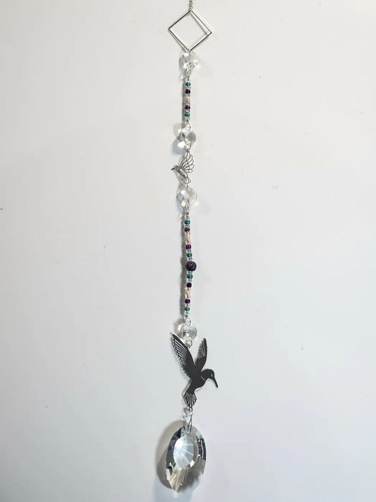 Long 8 delicate hummingbird suncatcher with silver metal bird, clear crystal beads, oval faceted crystal, ideal for suction cup