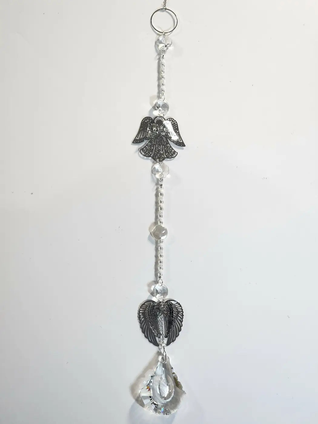 Silver angel and heart-shaped crystal long suncatcher with clear beads and teardrop prism for direct sunlight display