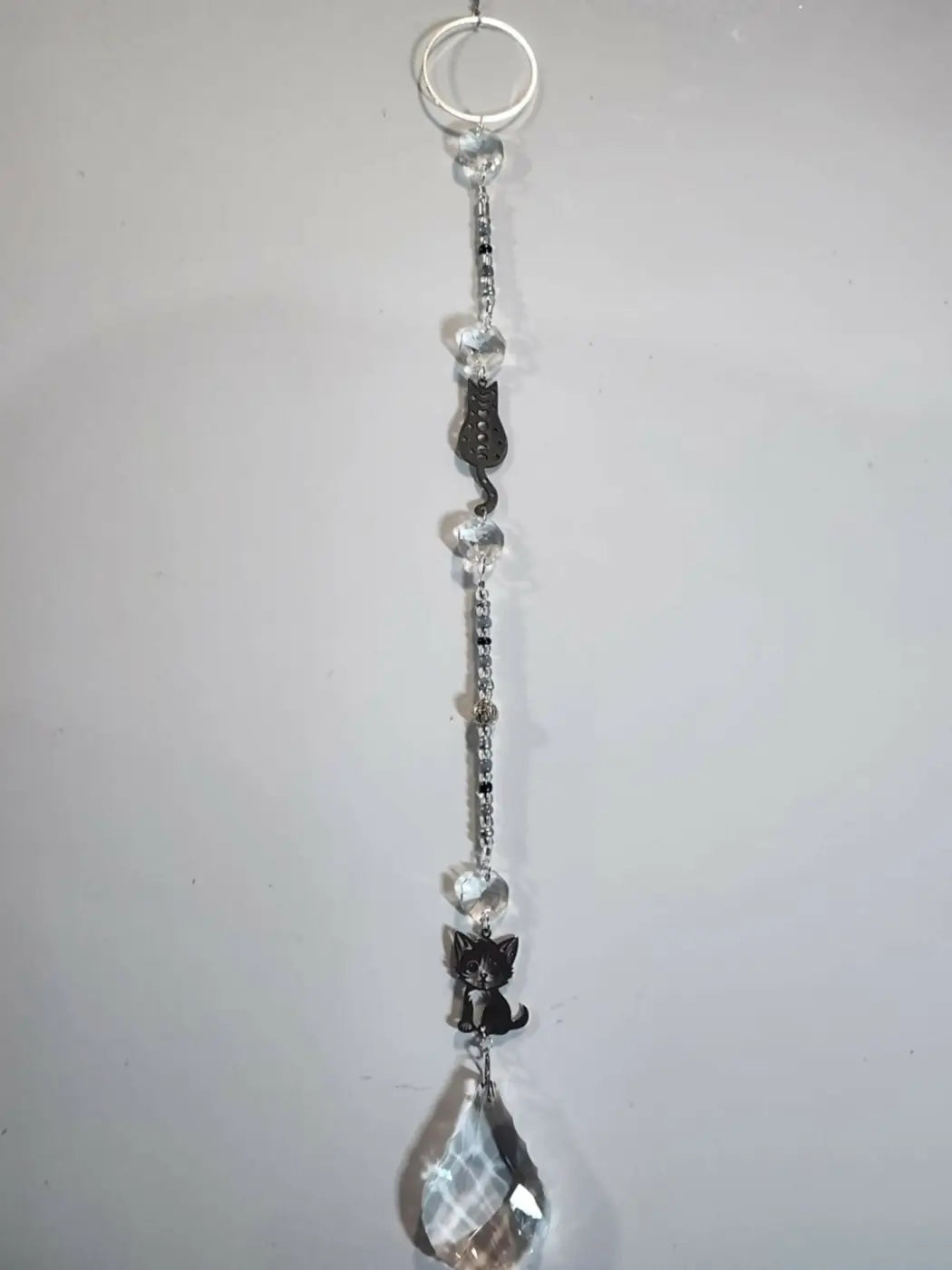 Long suncatcher with silver key ring, clear crystal beads, black cat charms, ideal for direct sunlight decor