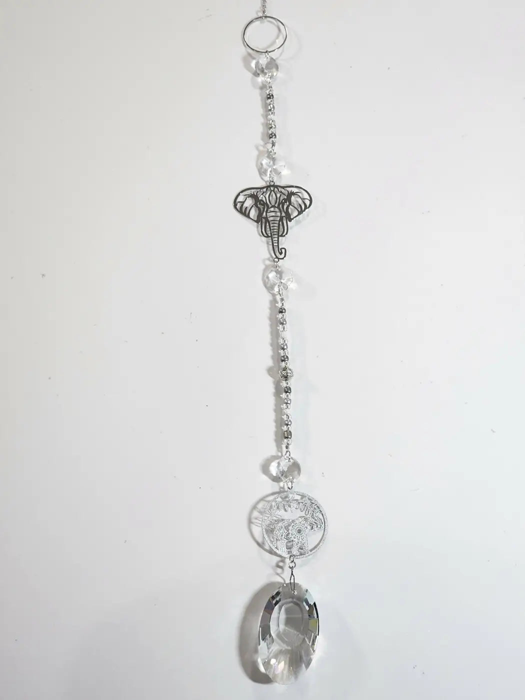 Silver elephant-shaped long suncatcher with clear crystal beads and faceted prism for direct sunlight display