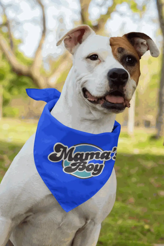 Blue bandana from mama’s boy collection with black and white lettering worn by a furry friend made with pure wash fabric