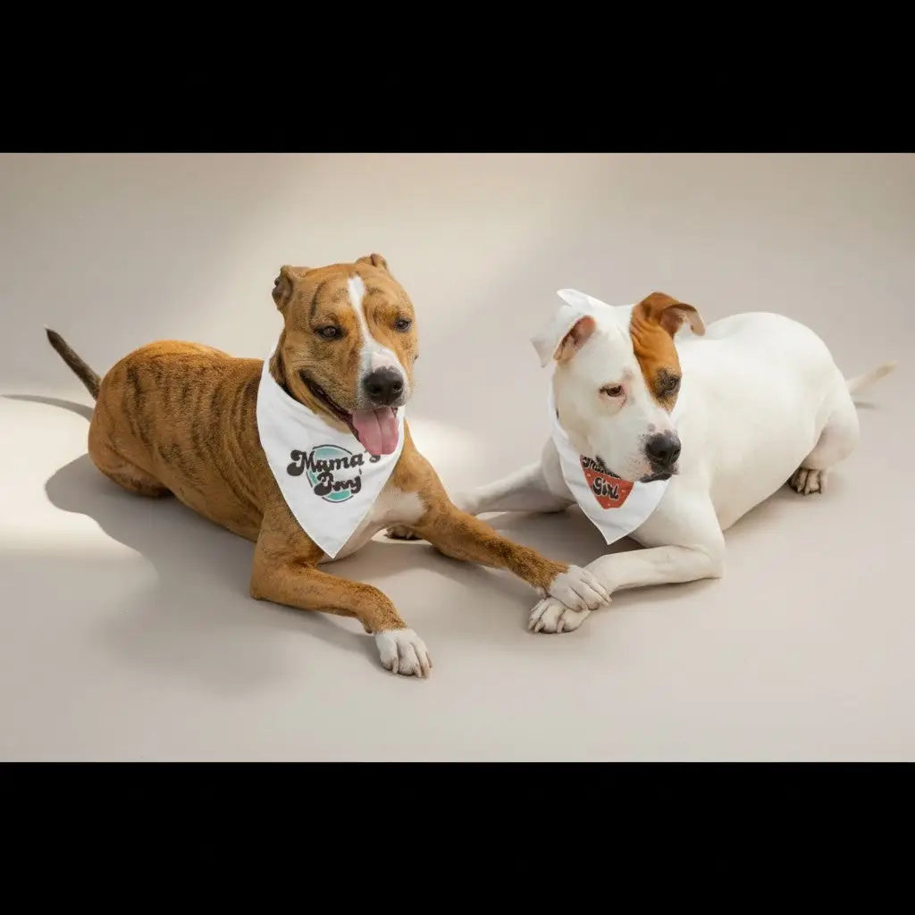 Two dogs wearing white mama’s girl soft girl dog bandanas with printed logos, a stylish pet accessory