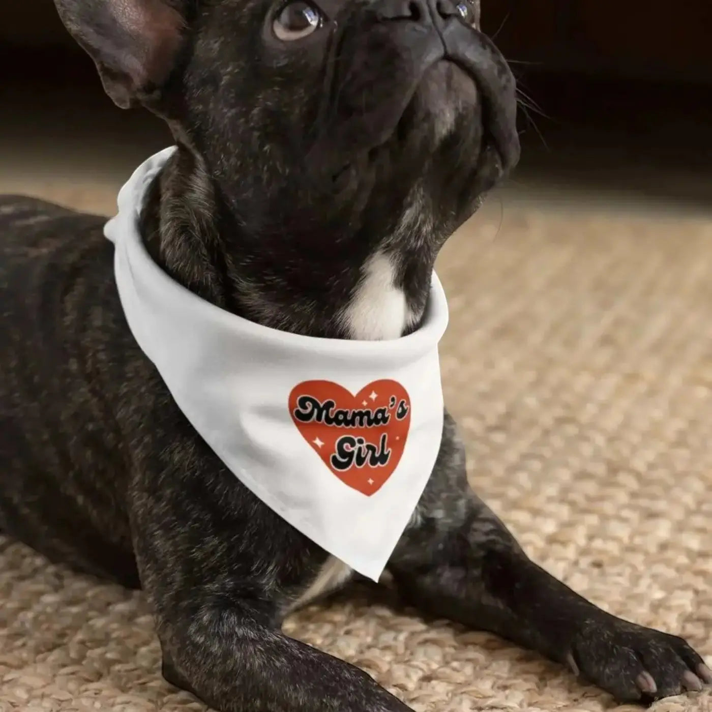 White girl dog bandana with orange heart and black mama’s girl text is a stylish pet accessory for dogs