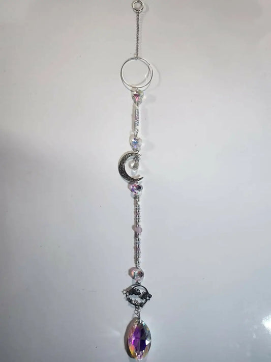 Silver crescent moon and eye pendant with crystal beads and rainbow teardrop charm in moon cloud long cloud suncatcher iridescent ornament