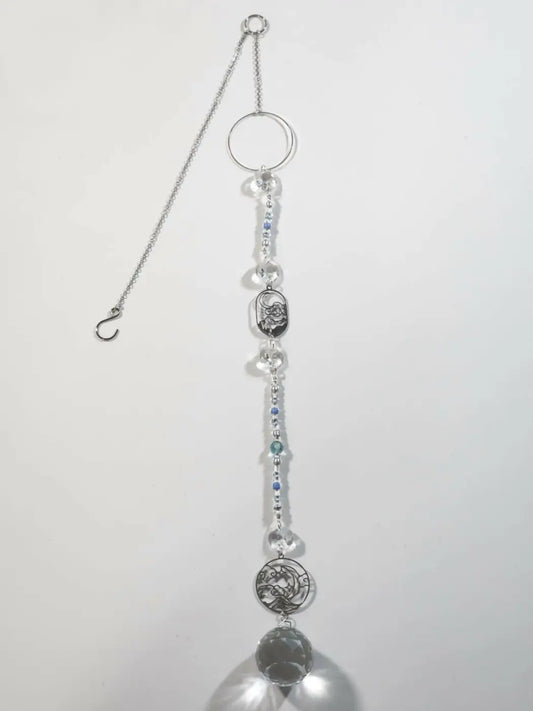Silver-toned moon long suncatcher chain wind chime with crystal beads and blue stones as a small reflective light catcher