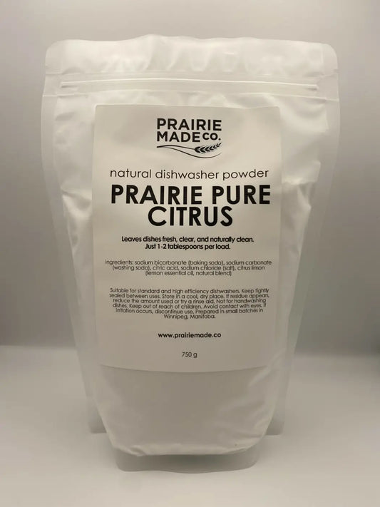 Natural dishwasher powder prairie pure citrus in a white resealable pouch for effective dishwashing use