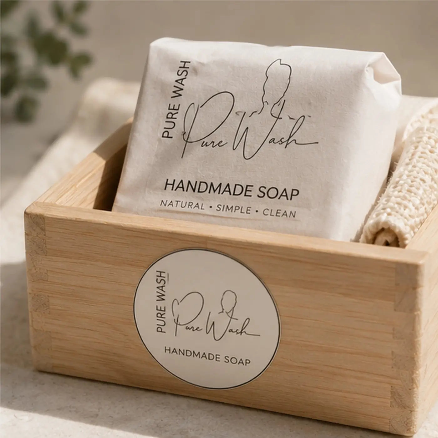 A bar of pure wash handmade soap wrapped in white paper with black branding inside a wooden box soap natural gift set