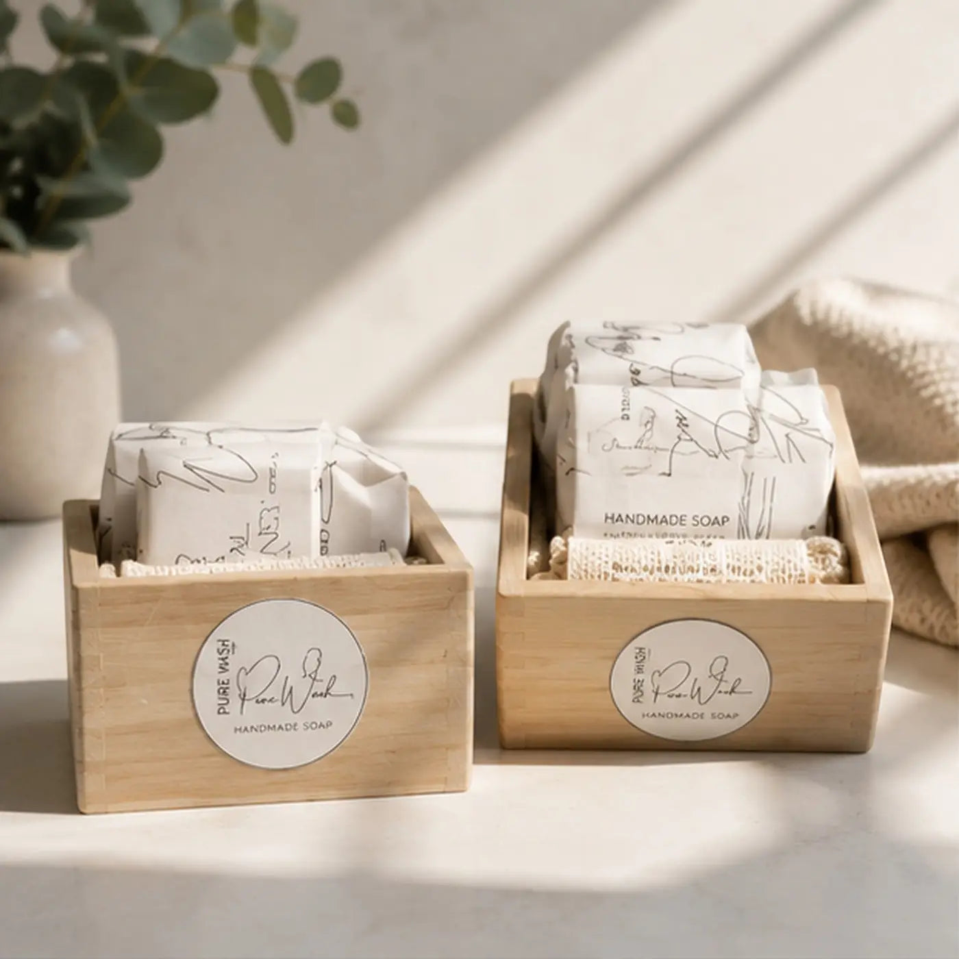 Two light wood rectangular boxes each containing a natural soap gift with handmade soap set in minimalist packaging