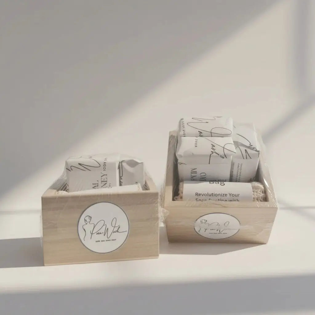 Two light wood storage boxes with circular white labels for natural soap gift handmade soap set wooden box soap