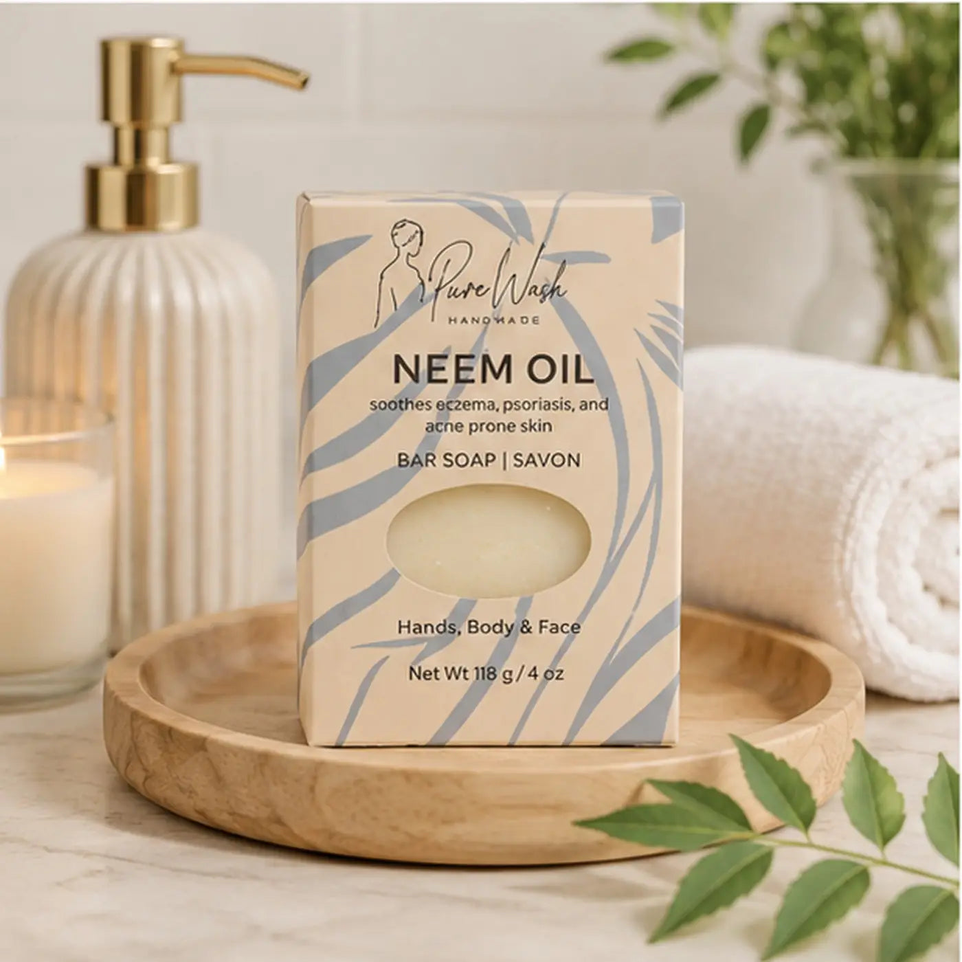 A beige and blue patterned box of pure wash handmade neem oil soap bar with a window showing the pale yellow bar for sensitive skin