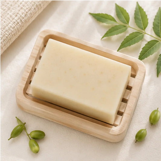 A rectangular off-white neem oil soap bar in a light wooden dish designed for sensitive skin body bar and facial skin conditions