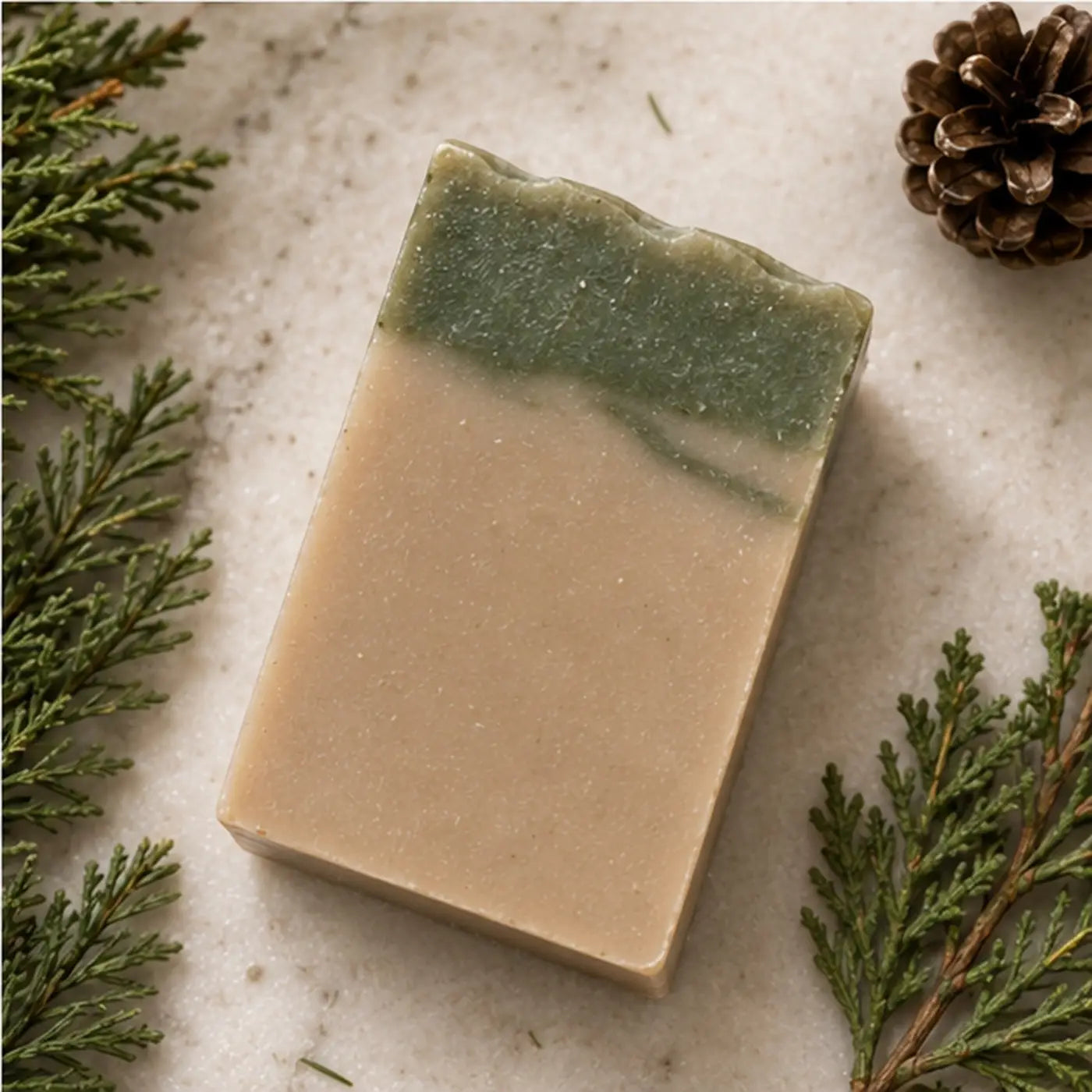 A rectangular two-toned soap bar with a beige base and green top layer for fresh pine christmas tree bar soap