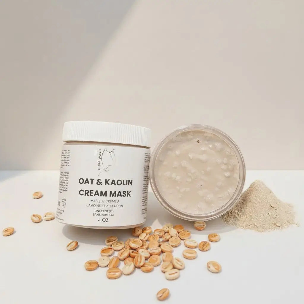 White cylindrical jar of pure wash oat and kaolin cream mask with kaolin clay and colloidal oatmeal for skincare