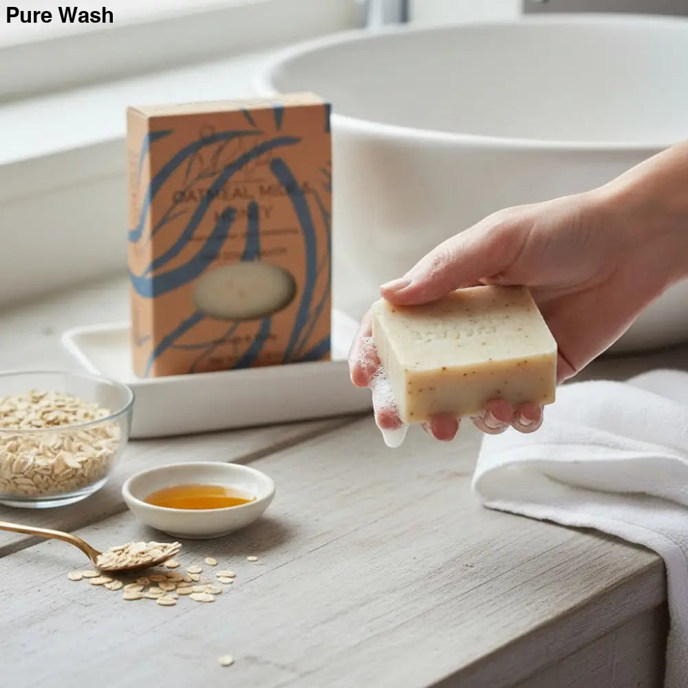 Pure Wash Oatmeal Milk & Honey bar soap, handcrafted for gentle, moisturizing cleanse. Natural ingredients for sensitive skin.