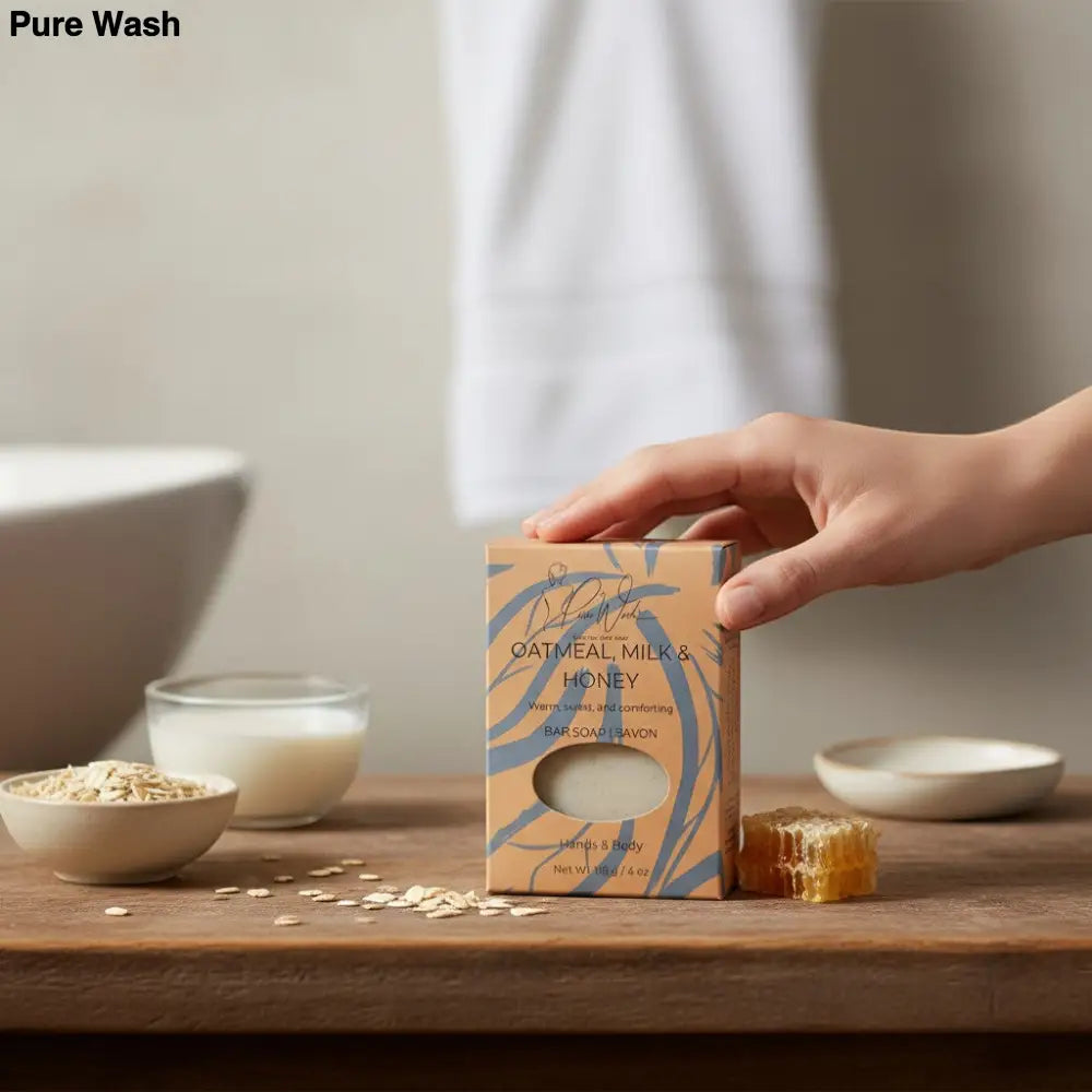 Pure Wash Oatmeal Milk & Honey bar soap, handcrafted for gentle, moisturizing cleanse. Natural ingredients for sensitive skin.