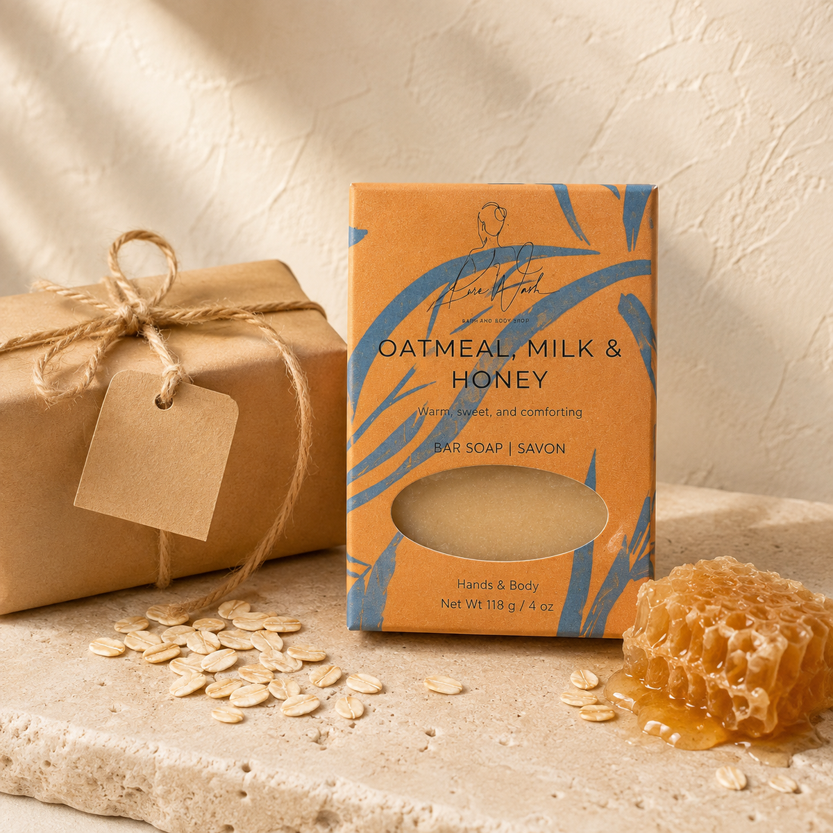 Oatmeal Milk and Honey soap bar by Pure Wash, mild enough for everyday washing