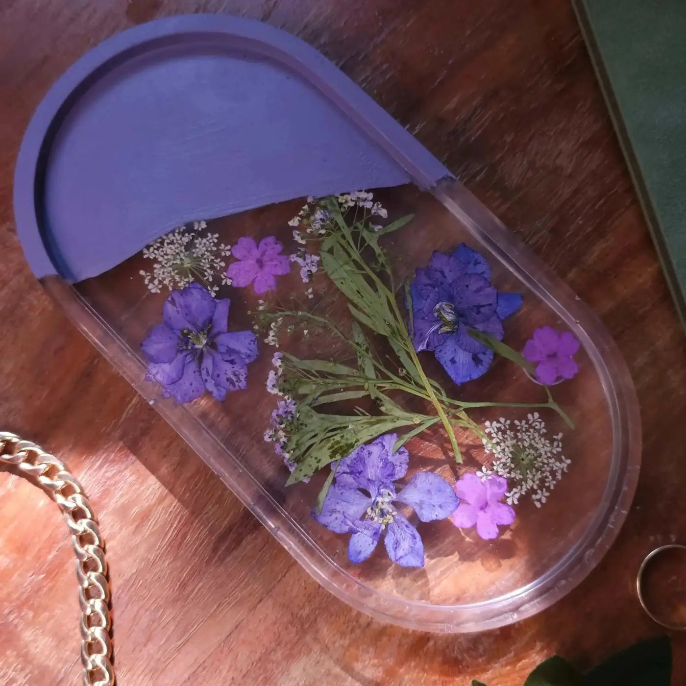 Oval trays with purple lid translucent resin container handmade soap Canada featuring dried blue and purple flowers