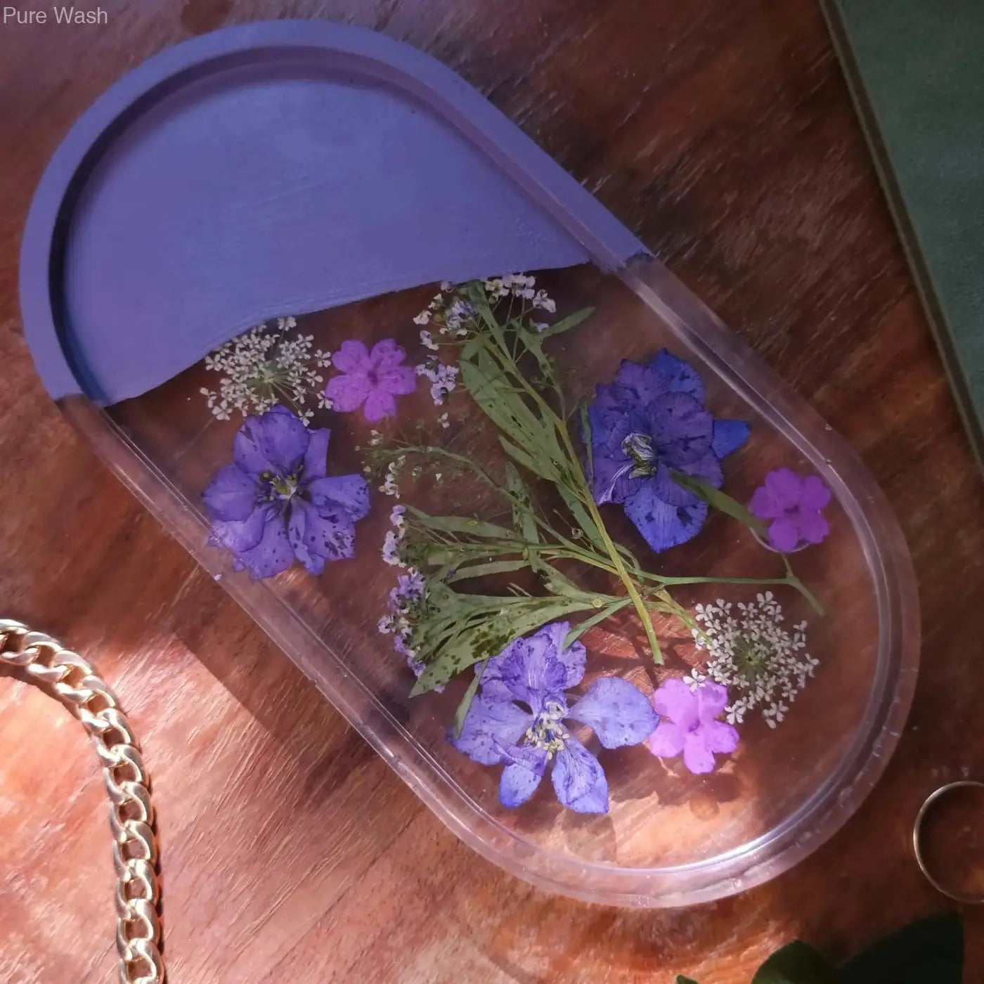 Oval trays with purple lid translucent resin container handmade soap Canada featuring dried blue and purple flowers