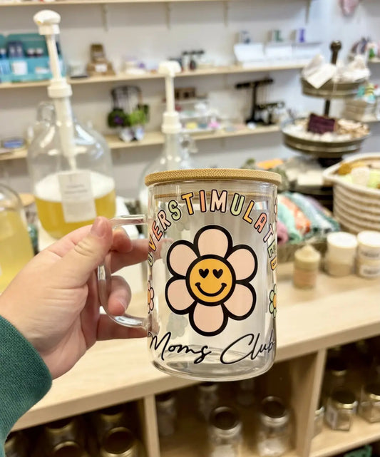 Clear glass overstimulated moms club mug with bamboo lid handle and pink flower design with glass straw option