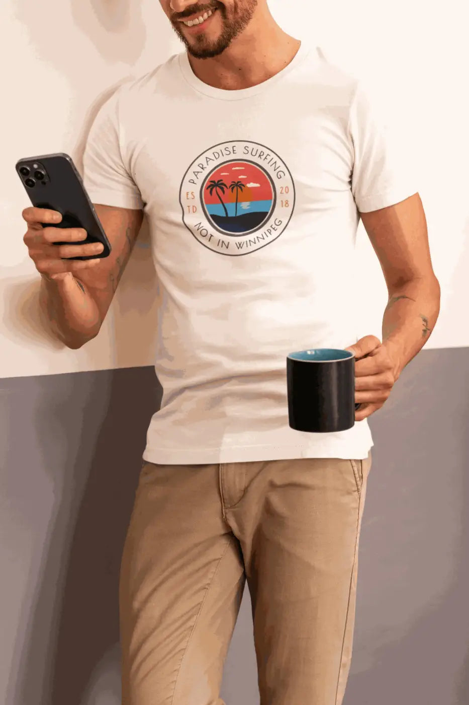 White cotton t-shirt with a palm tree sunset surfing graphic and funny quote perfect as a novelty beach t shirt funny quote